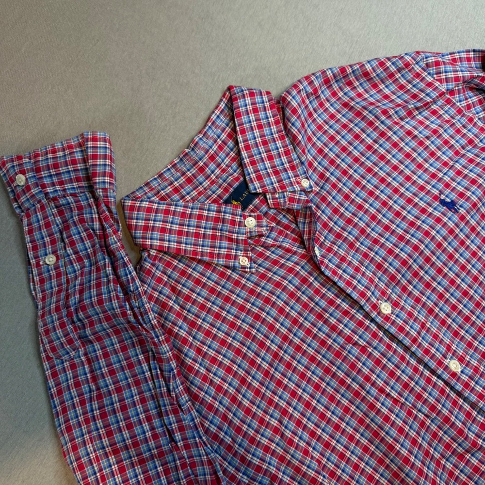 Polo Ralph Lauren‎ Mens Large Plaid Button Down Shirt Red Blue Cotton